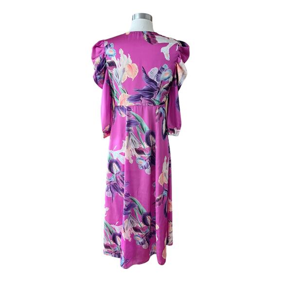 PATBO Grace Floral Dress Satin Puff Sleeve Midi Button Down Influencer US 6 - Picture 3 of 14